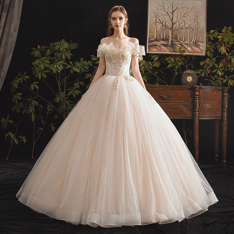 Champagne Wedding Dresses Princess Sweetheart Glitter Tulle Beading Floor-Length